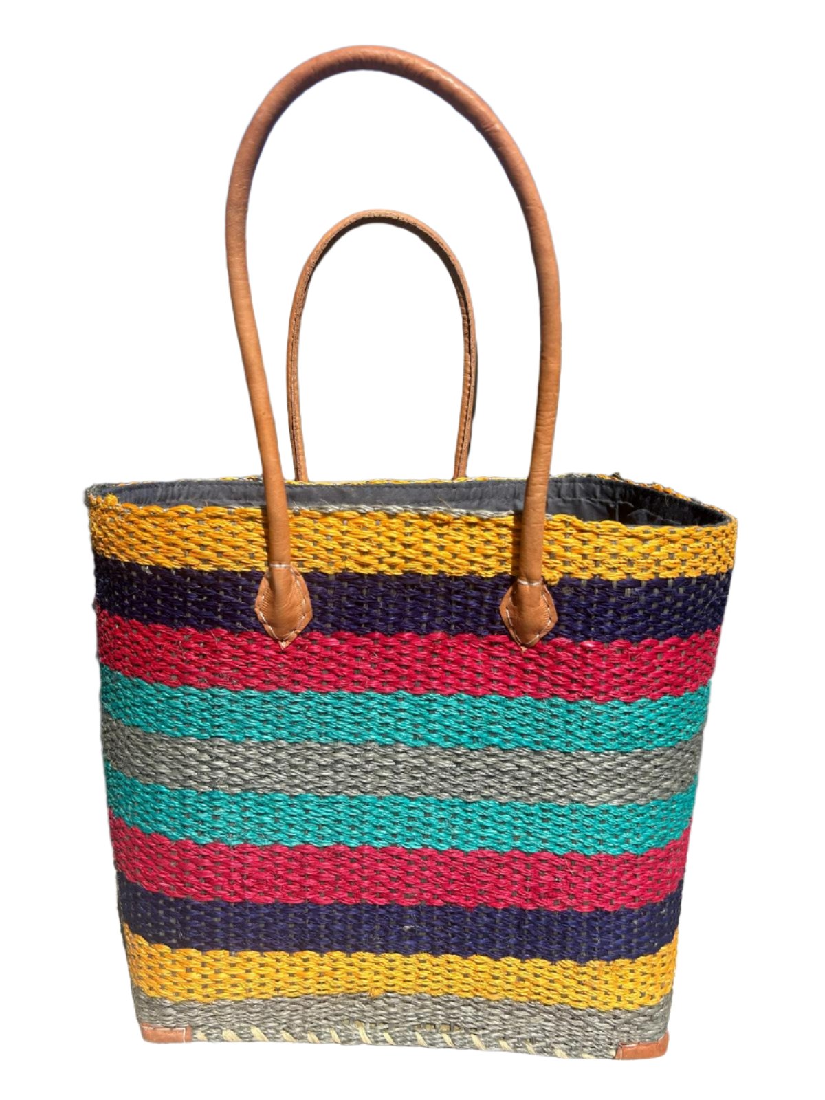 Sisal Stripe Beach Bag - Colourful Yellow Turquoise Red Silver